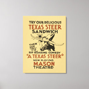 Retro Texas-Ochsesandwich und -theater spielen Leinwanddruck