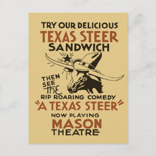 Retro Texas-Steer-Sandwich und Theaterstück-Werbun Postkarte