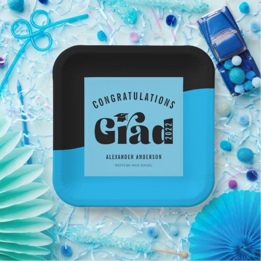 Retro Text Light Bright Blue und Black Abschluss Pappteller (Party)