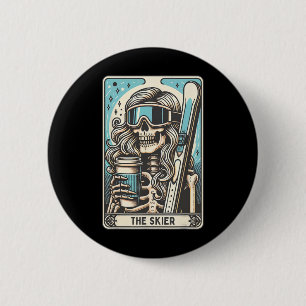 Retro the Skier Tarot Card Funny Skeletter Skier S Button