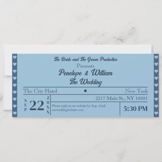 Retro Ticket Style Simple Blue Wedding Einladung (Vorderseite)