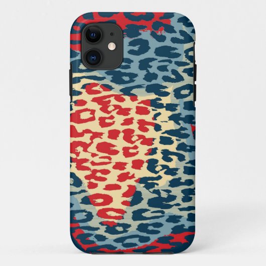 Retro-Tierdruckhaut aus Leopard (blau, rot) Case-Mate iPhone Hülle (Rückseite)