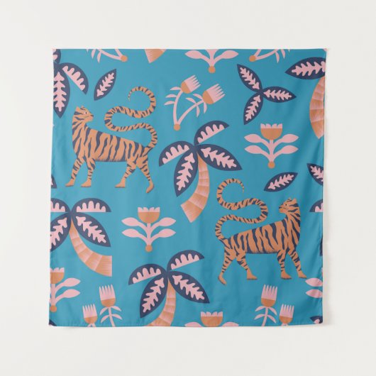 Retro-Tiger, Palme, Blume Wandteppich (Vorderseite)