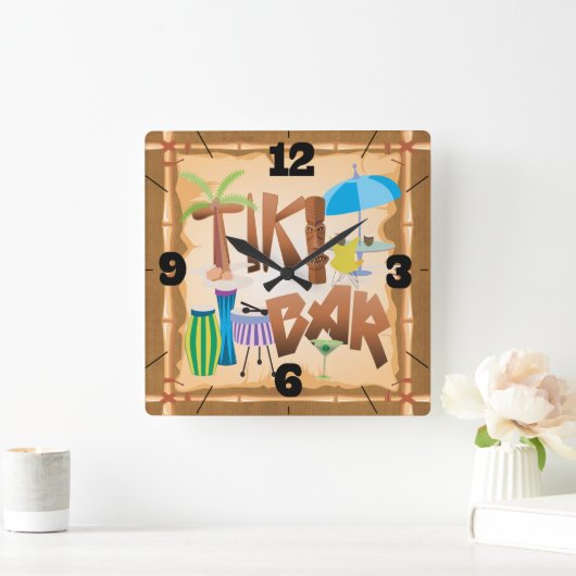 Retro Tiki Bar Quadratische Wanduhr (Zuhause)