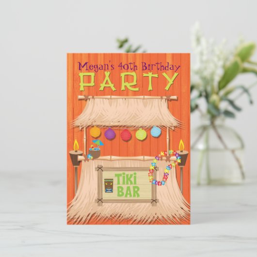 Retro Tiki Bar Tropical Hawaiian Party Einladung (Stehend Vorderseite)
