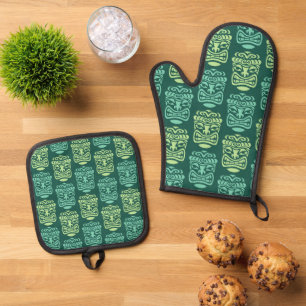 Retro Tiki Beach Bar Pattern Ofenhandschuh & Topflappen-Set