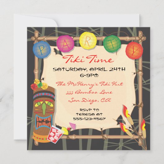 Retro Tiki Party Einladung mit Bambusrahmen (Vorderseite)