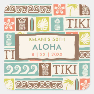 Retro Tiki Party Tropical Aloha Birthday Quadratischer Aufkleber
