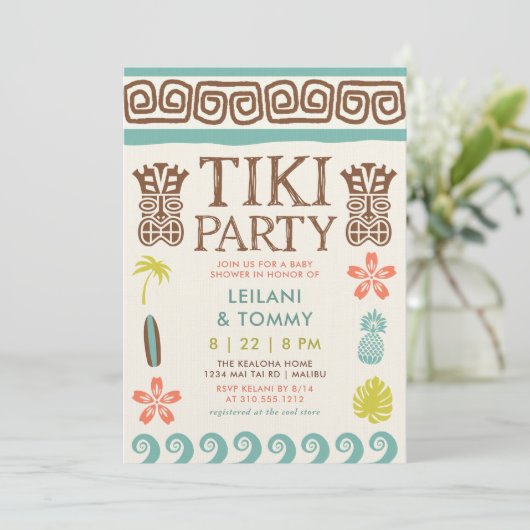 Retro Tiki Party Tropical Beach Surf Kinderdusche Einladung (Stehend Vorderseite)