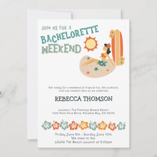 Retro Tiki Tropischer Strand Bachelorette Einladung (Vorderseite)