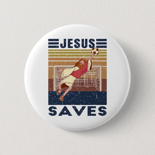 Retro Torwart Jesus rettet Fußballtor Button (Vorderseite)