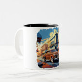 Retro Town Street Scene Zweifarbige Tasse (Vorderseite Links)