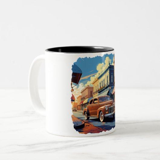 Retro Town Street Scene Zweifarbige Tasse (Vorderseite Links)