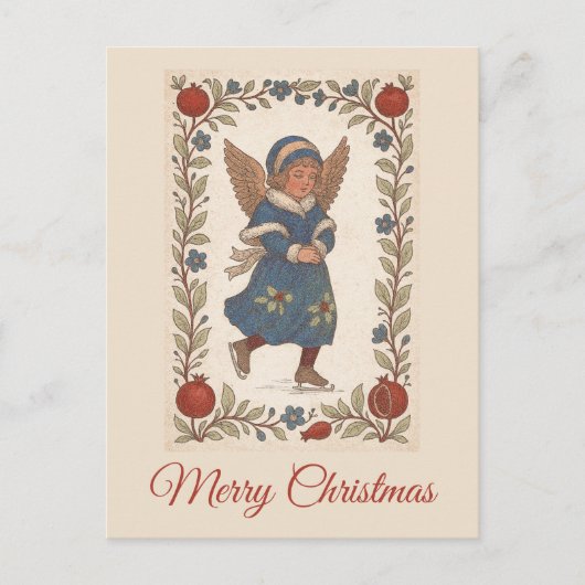 Retro traditional Christmas skating Angel floral Postkarte (Vorderseite)