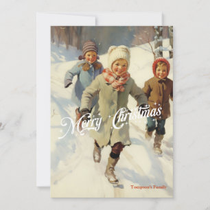 Retro-traditionelle Kinder spielen im Schnee Feiertagskarte