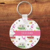 Retro Trailer & Flamingos Muster Schlüsselanhänger (Vorderseite)