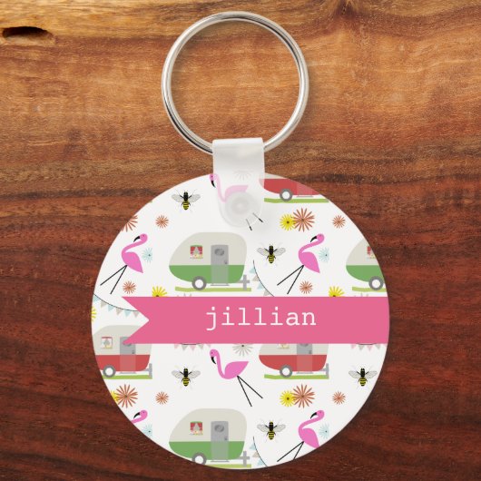 Retro Trailer & Flamingos Muster Schlüsselanhänger (Vorderseite)