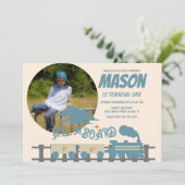 Retro Train Kindergeburtstag Party Erde Foto Einladung (Stehend Vorderseite)