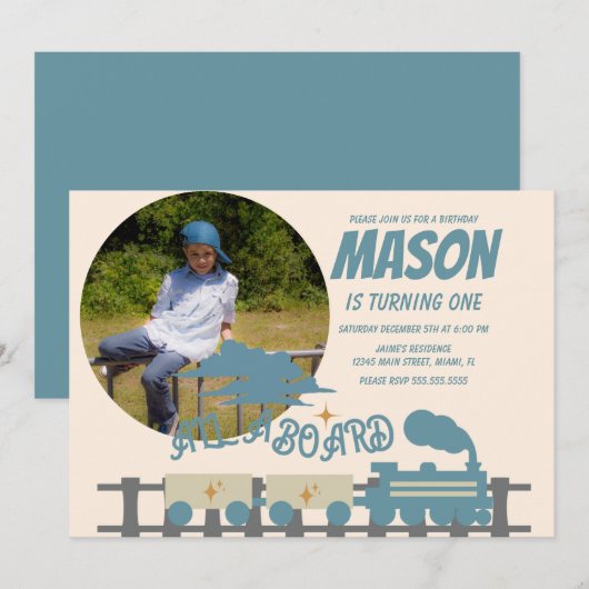 Retro Train Kindergeburtstag Party Erde Foto Einladung (Vorne/Hinten)