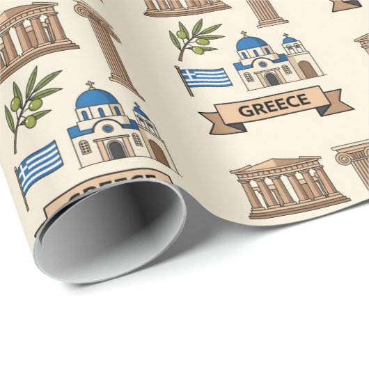 Retro Travel Greece Iconic Symbols  Geschenkpapier (Rolleneckpunkt)