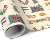 Retro Travel Netherlands Iconic Cultural Symbols Geschenkpapier (Rolleneckpunkt)