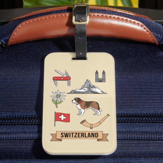 Retro Travel Switzerland Iconic National Symbols Gepäckanhänger (Vorderseite Insitu 2)