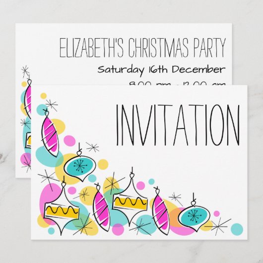 Retro Tree Baubles Corner Einladung (Vorne/Hinten)