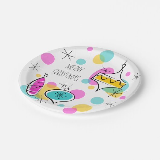 Retro Tree Baubles Frohe Weihnachtszeitung Teller (Schrägansicht)