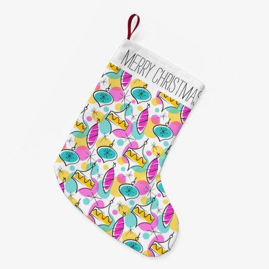Retro Tree Baubles Multi Text Strumpf 2 Seite Kleiner Weihnachtsstrumpf (Vorderansicht (hängend))