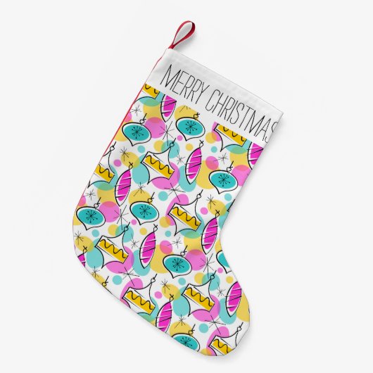 Retro Tree Baubles Multi Text Strumpf rot hinten Kleiner Weihnachtsstrumpf (Vorderansicht (hängend))