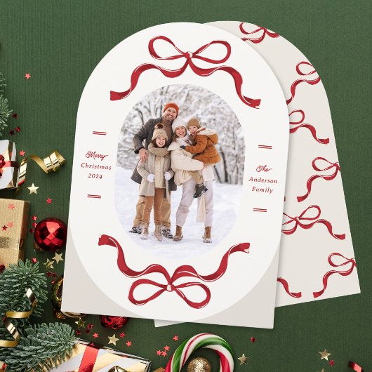 Retro Trendy Red Bows Oval Foto Arch Holiday Card Einladung