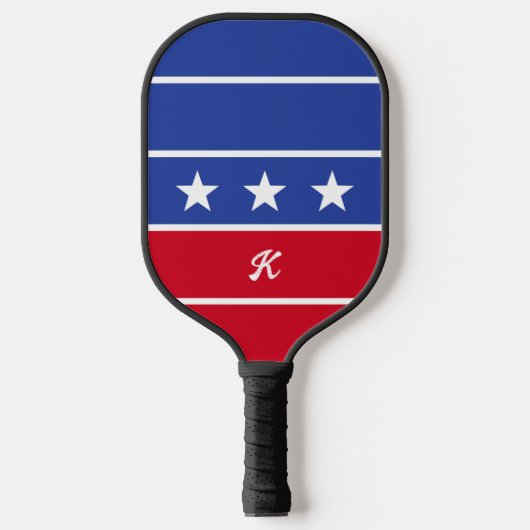 Retro Trendy Stripe American Flag Mit Monogramm Pickleball Schläger (Vorderseite)