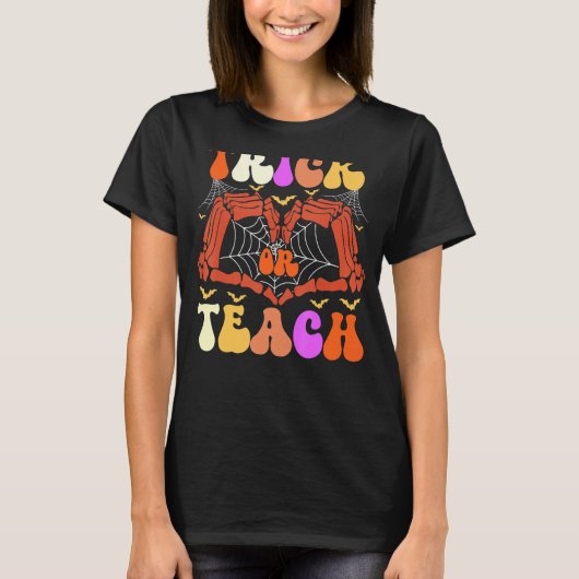 Retro Trick oder lehren Skeletthandlehrer Hallowon T-Shirt (Vorderseite)