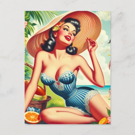 Retro Tropical Beach Pinup Postkarte (Vorderseite)