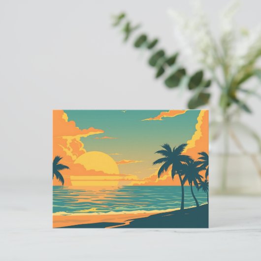 Retro Tropical Beach Sunset Postkarte (Stehend Vorderseite)