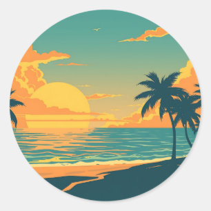 Retro Tropical Beach Sunset Runder Aufkleber