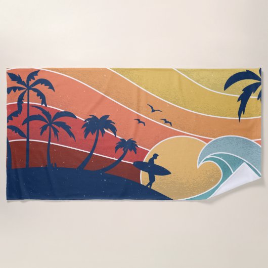 Retro Tropical Beach Surfing Surfer Palmen Strandtuch (Vorderseite)