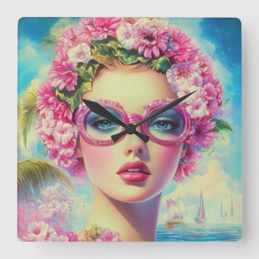 Retro Tropical Beauty Quadratische Wanduhr (Vorderseite)