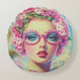 Retro Tropical Beauty Rundes Kissen