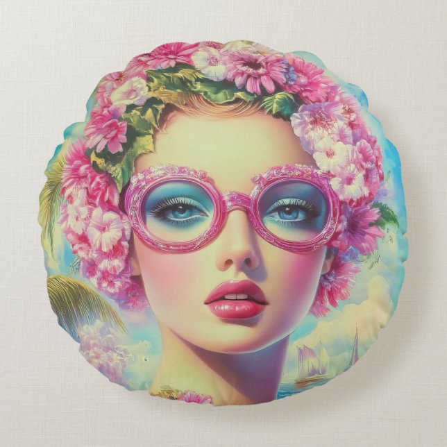Retro Tropical Beauty Rundes Kissen (Vorderseite)