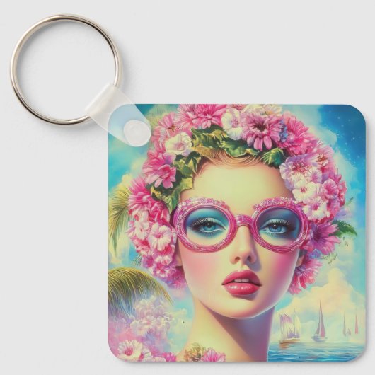 Retro Tropical Beauty Schlüsselanhänger (Vorderseite)