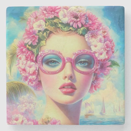 Retro Tropical Beauty Steinuntersetzer (Vorderseite)