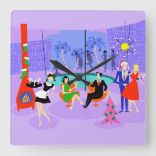 Retro Tropical Christmas Party Wall Clock Quadratische Wanduhr