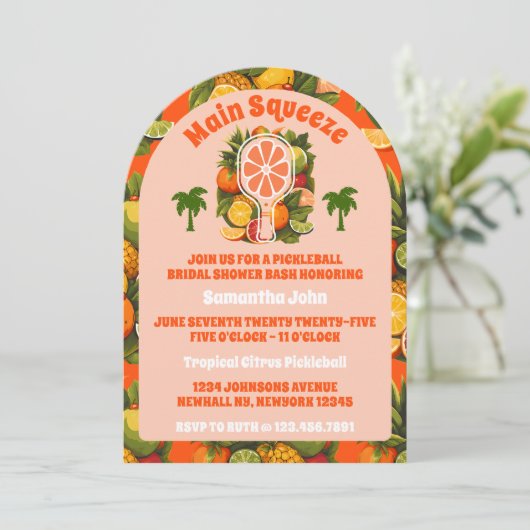 Retro Tropical Citrus Pickleball Brautparty Einladung (Stehend Vorderseite)