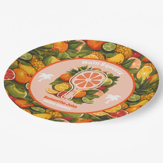 Retro Tropical Citrus Pickleball Brautparty Pappteller (Schrägansicht)