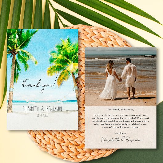 Retro Tropical Destination Foto Beach Hochzeit Dankeskarte