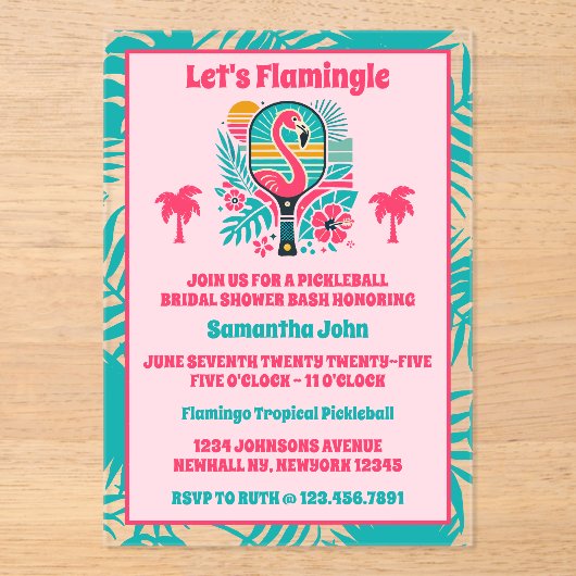 Retro Tropical Flamingo Pickleball Brautparty Acryleinladungen (Vorderseite)
