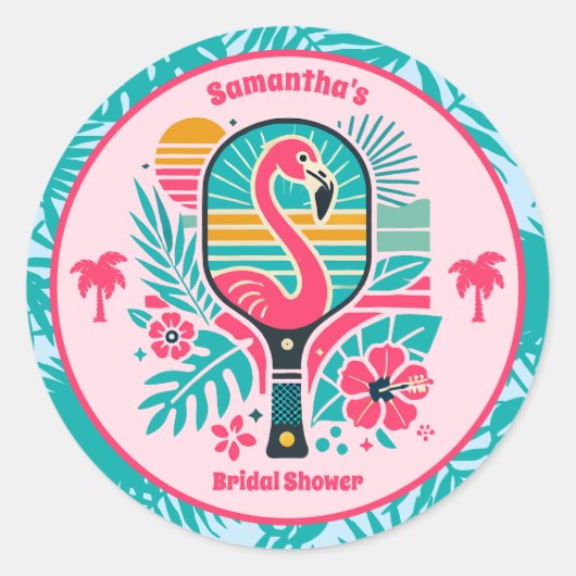 Retro Tropical Flamingo Pickleball Brautparty Runder Aufkleber (Vorderseite)