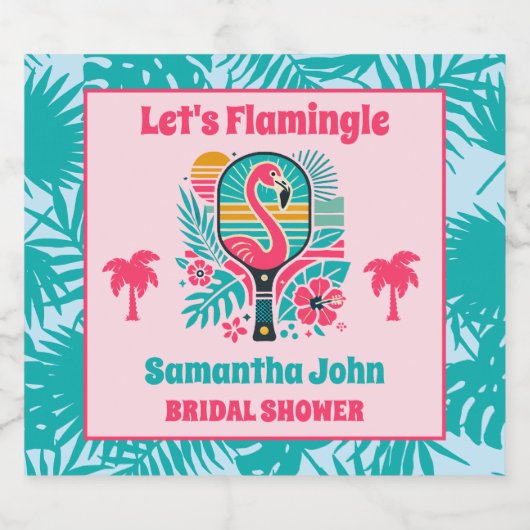 Retro Tropical Flamingo Pickleball Brautparty Schaumweinetikett (Einzelnes Label)