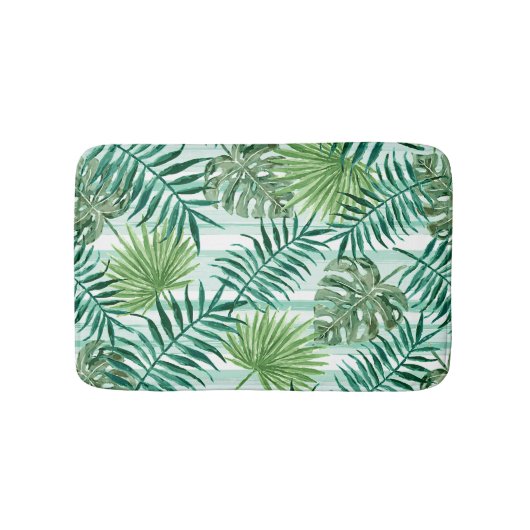 Retro Tropical Green Palm Blätter Muster Badematte (Vorderseite)